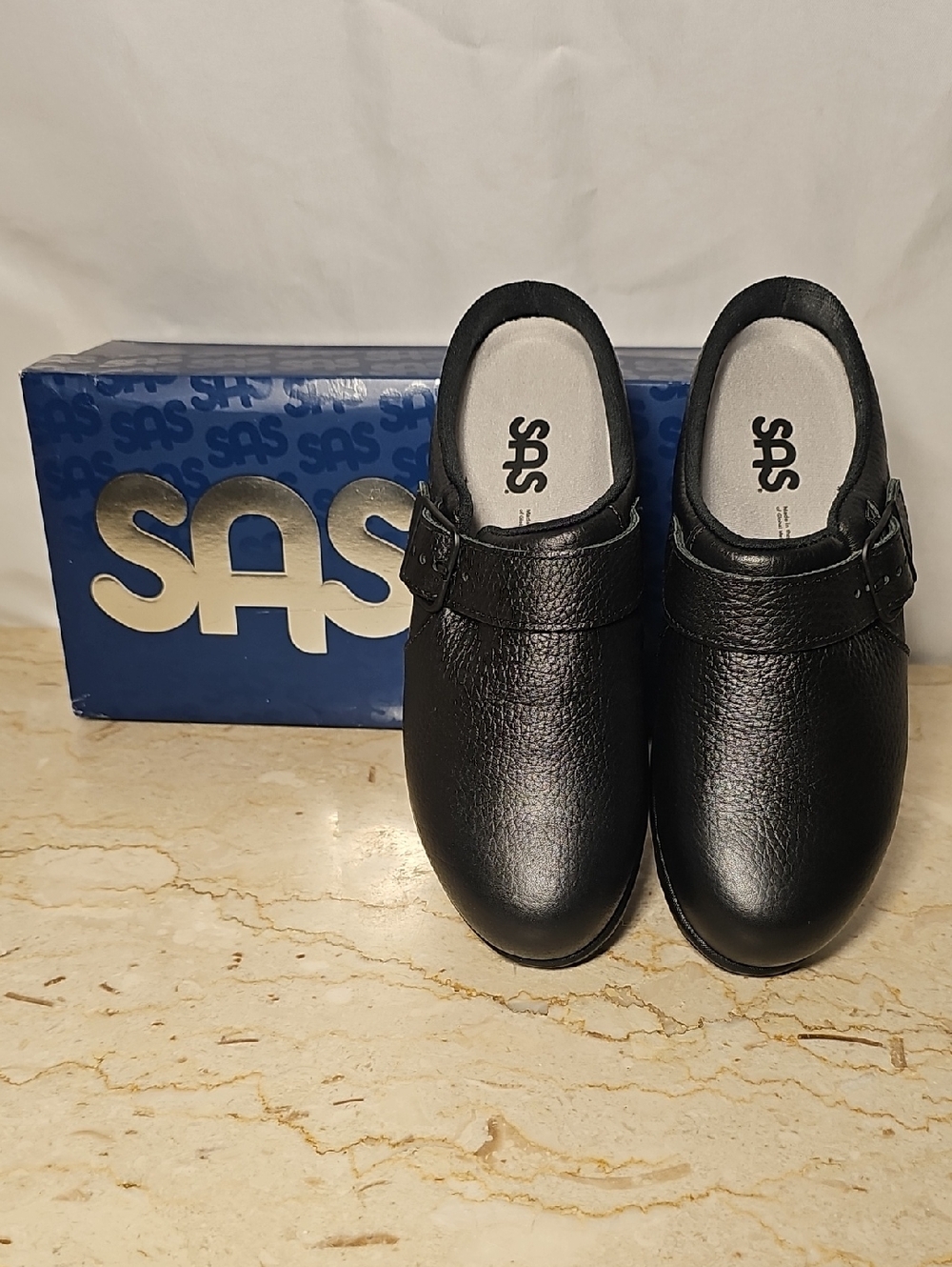 SAS SR Black Leather Slip On Buckle Clog Shoes